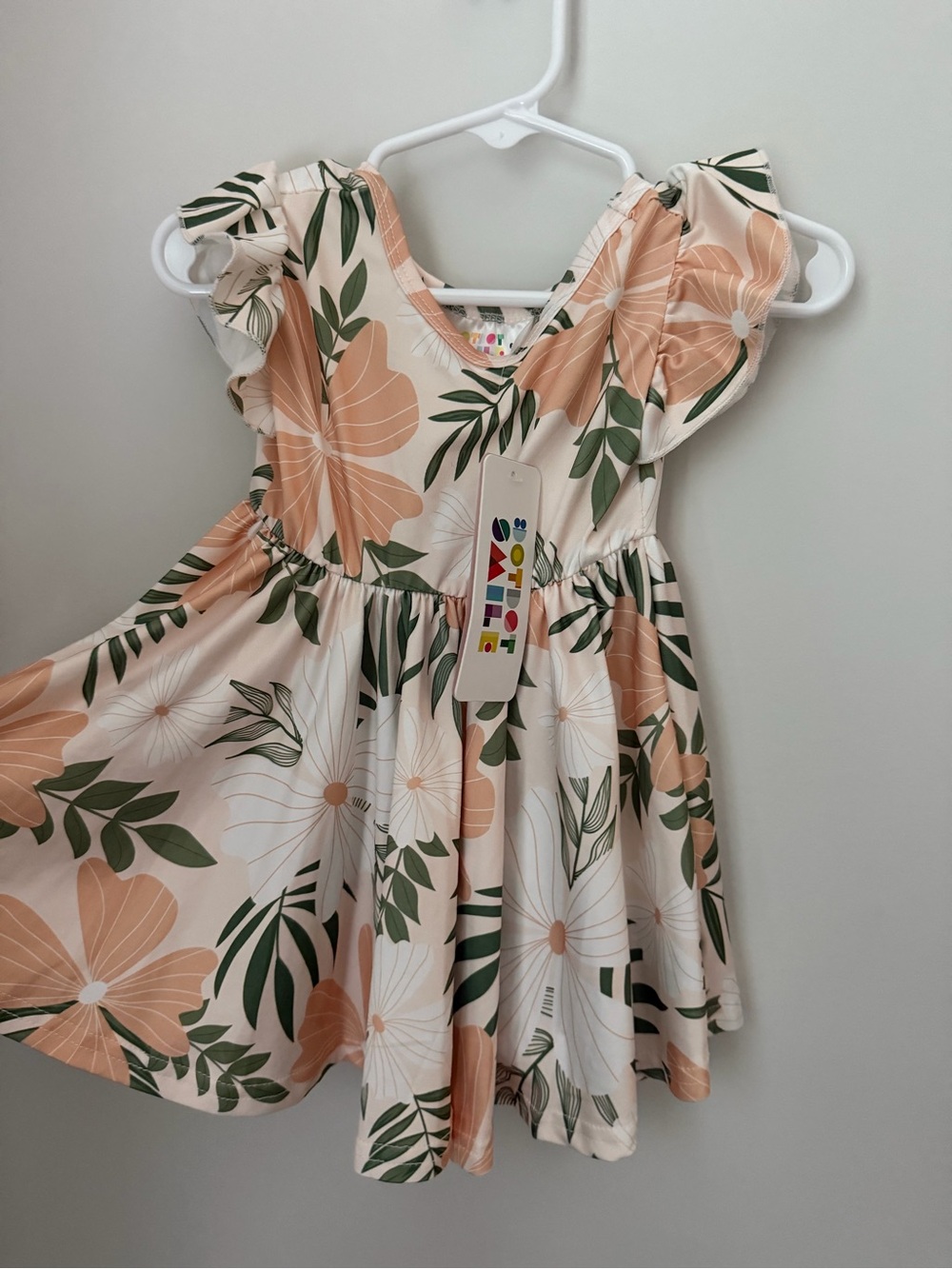 Dot Dot Smile Peach Floral Twirl Dress with Green Leaves